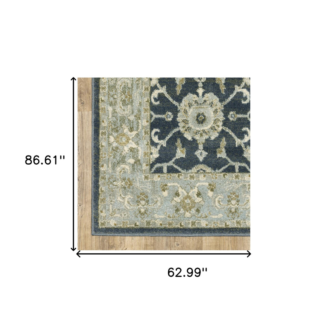 3' X 5' Teal Blue Ivory Green And Grey Oriental Power Loom Stain Resistant Area Rug