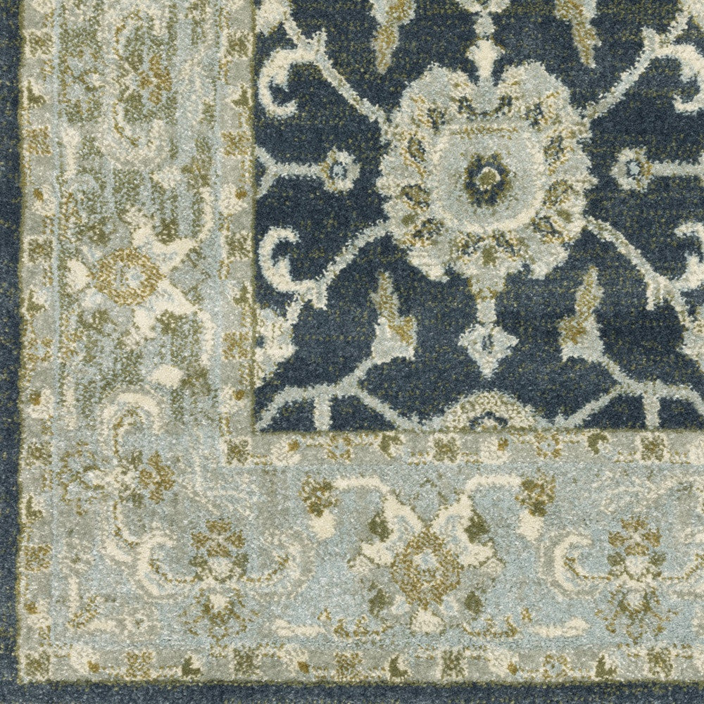 3' X 5' Teal Blue Ivory Green And Grey Oriental Power Loom Stain Resistant Area Rug