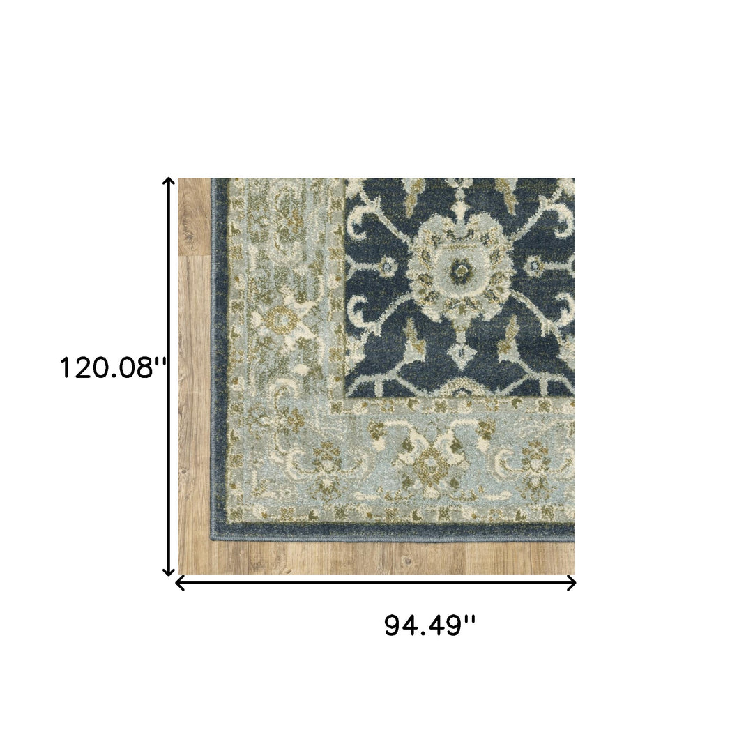 3' X 5' Teal Blue Ivory Green And Grey Oriental Power Loom Stain Resistant Area Rug