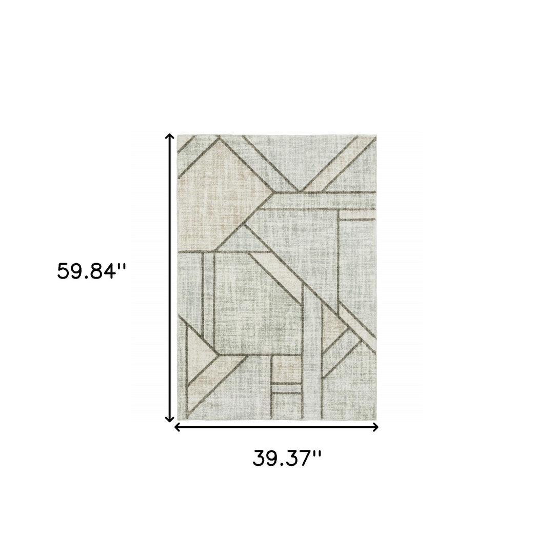 2' X 8' Grey Beige Sage Brown Tan Charcoal And Pale Blue Geometric Power Loom Stain Resistant Runner Rug