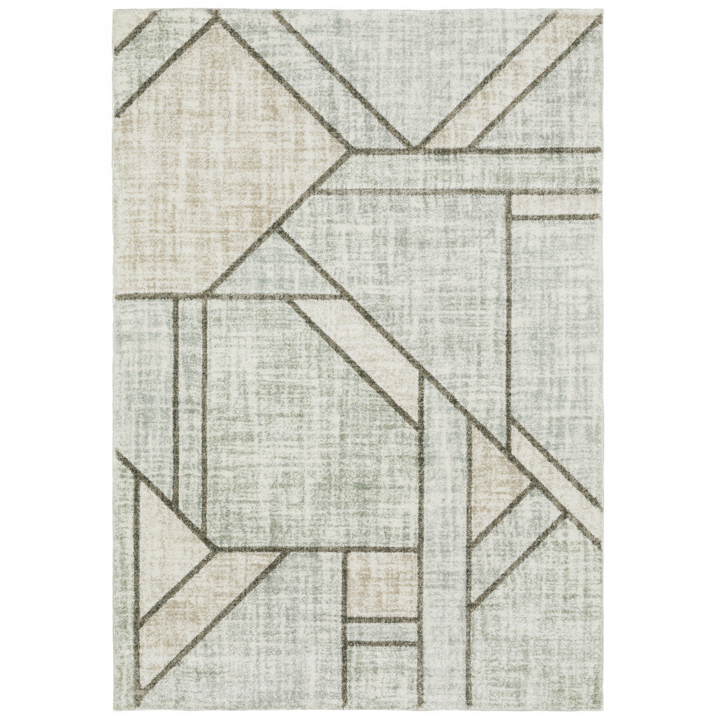 2' X 8' Grey Beige Sage Brown Tan Charcoal And Pale Blue Geometric Power Loom Stain Resistant Runner Rug