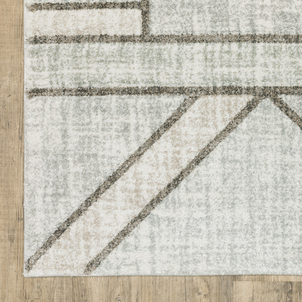 2' X 8' Grey Beige Sage Brown Tan Charcoal And Pale Blue Geometric Power Loom Stain Resistant Runner Rug