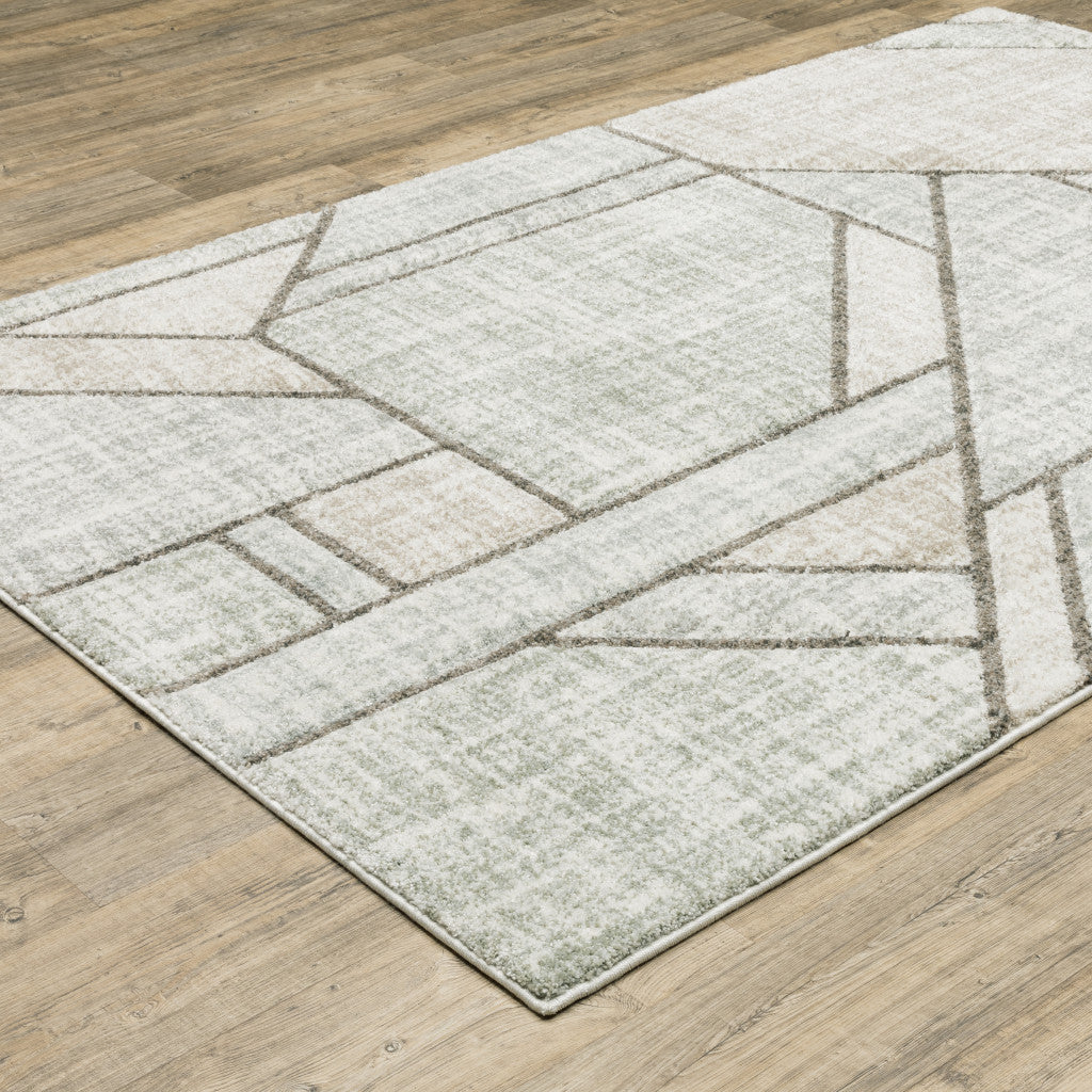 2' X 8' Grey Beige Sage Brown Tan Charcoal And Pale Blue Geometric Power Loom Stain Resistant Runner Rug