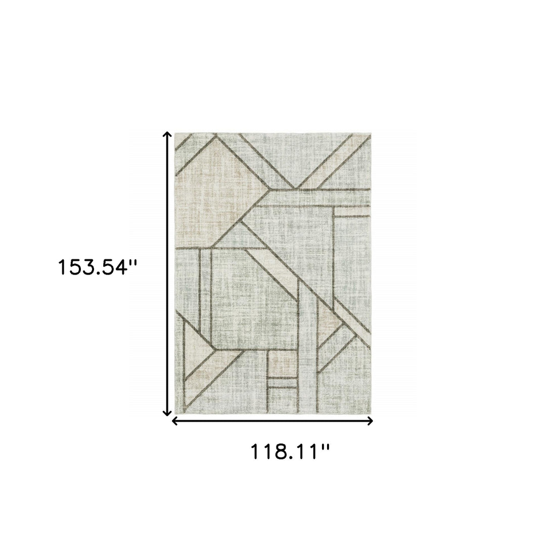 2' X 8' Grey Beige Sage Brown Tan Charcoal And Pale Blue Geometric Power Loom Stain Resistant Runner Rug