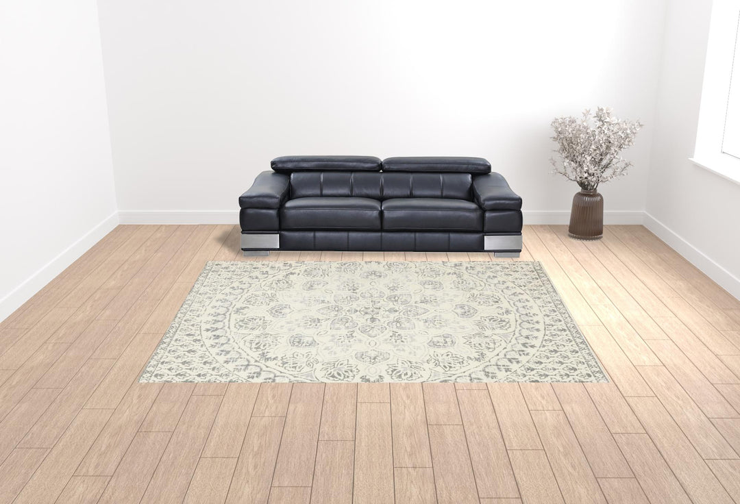 4' X 6' Ivory And Grey Floral Power Loom Stain Resistant Area Rug