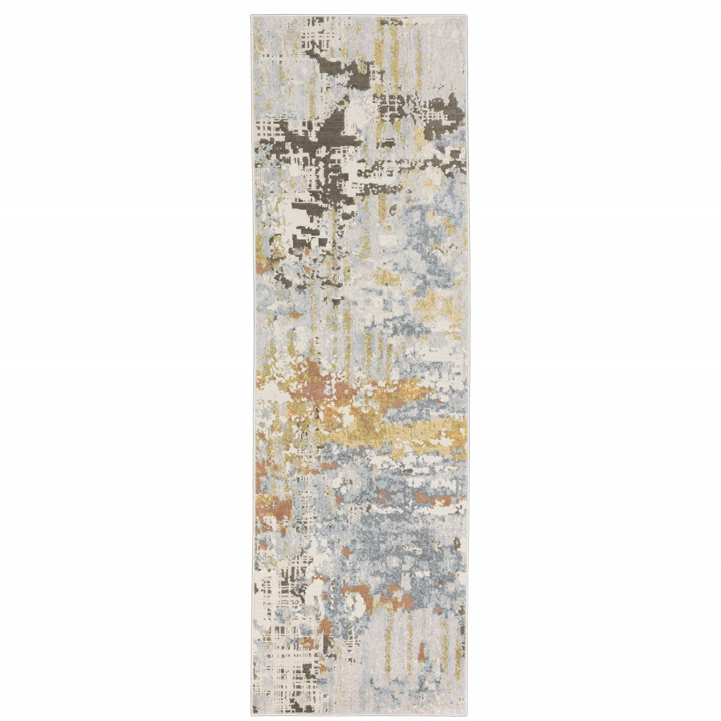 2' X 8' Grey Blue Beige Gold And Rust Abstract Power Loom Stain Resistant Runner Rug