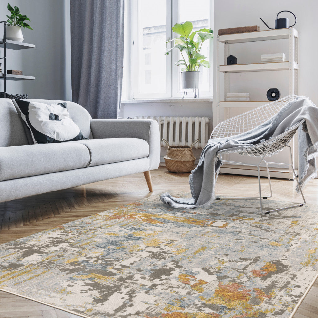 2' X 8' Grey Blue Beige Gold And Rust Abstract Power Loom Stain Resistant Runner Rug