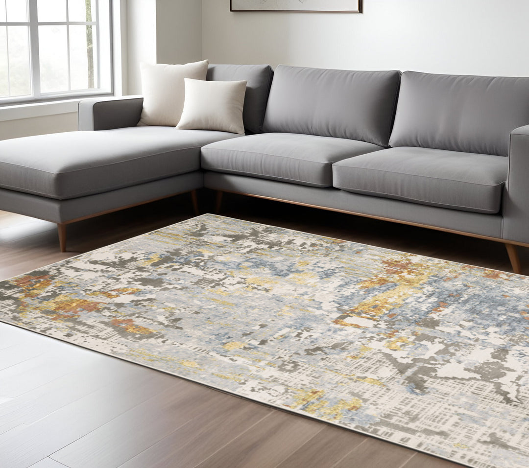 2' X 8' Grey Blue Beige Gold And Rust Abstract Power Loom Stain Resistant Runner Rug