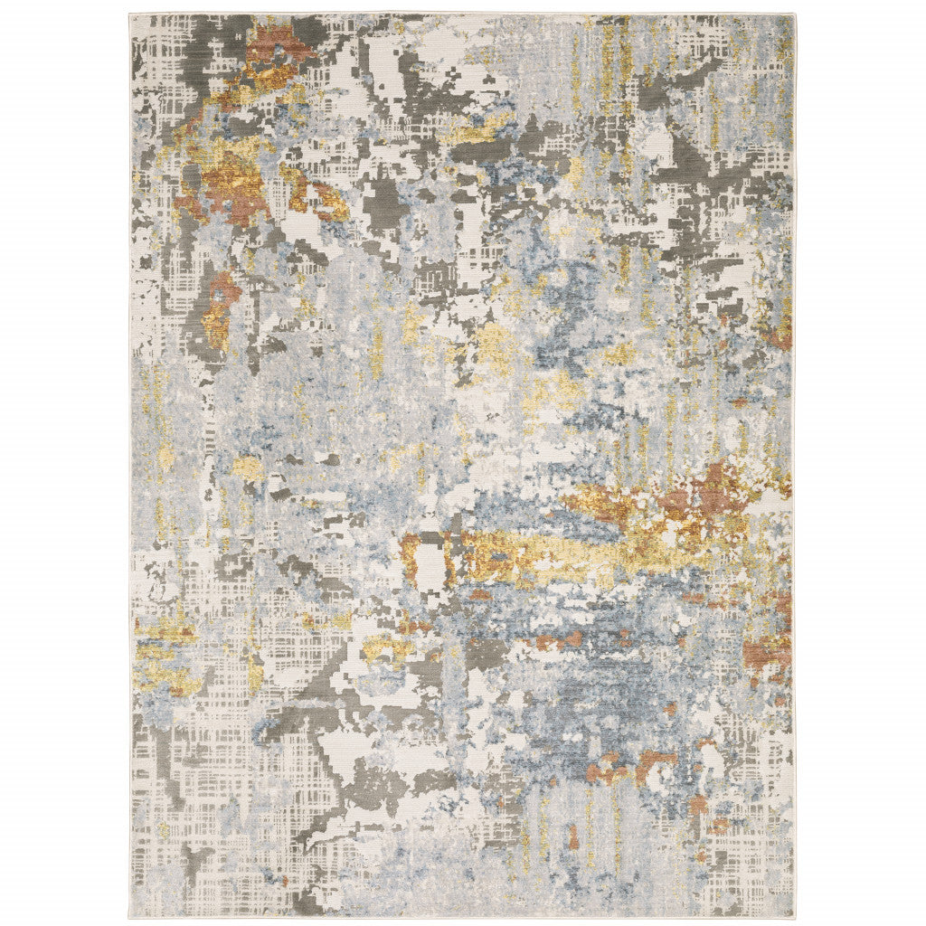 2' X 8' Grey Blue Beige Gold And Rust Abstract Power Loom Stain Resistant Runner Rug