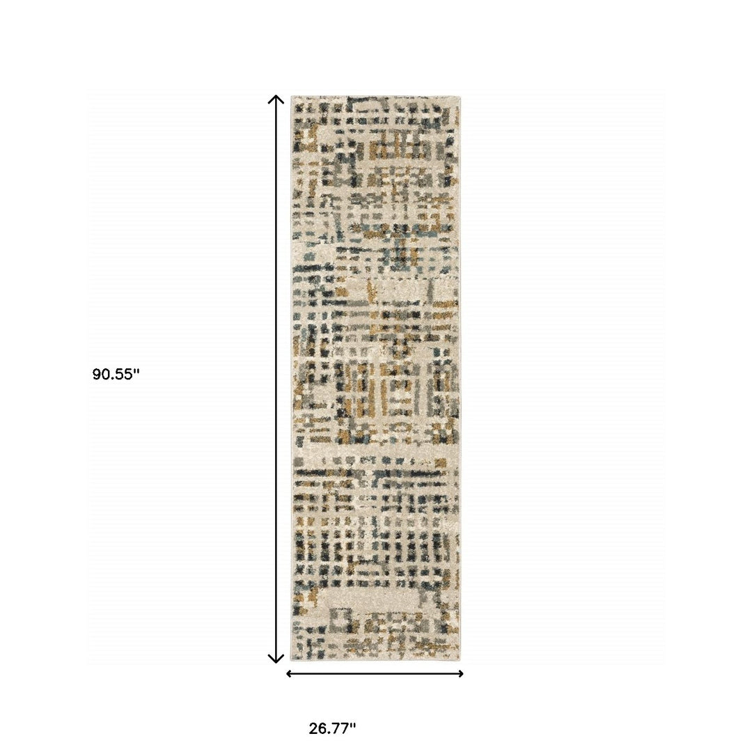 2' X 8' Beige Grey Blues Orange Yellow And Ivory Abstract Power Loom Stain Resistant Runner Rug