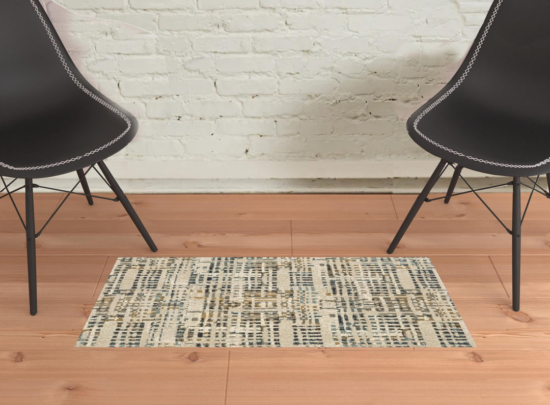 2' X 8' Beige Grey Blues Orange Yellow And Ivory Abstract Power Loom Stain Resistant Runner Rug