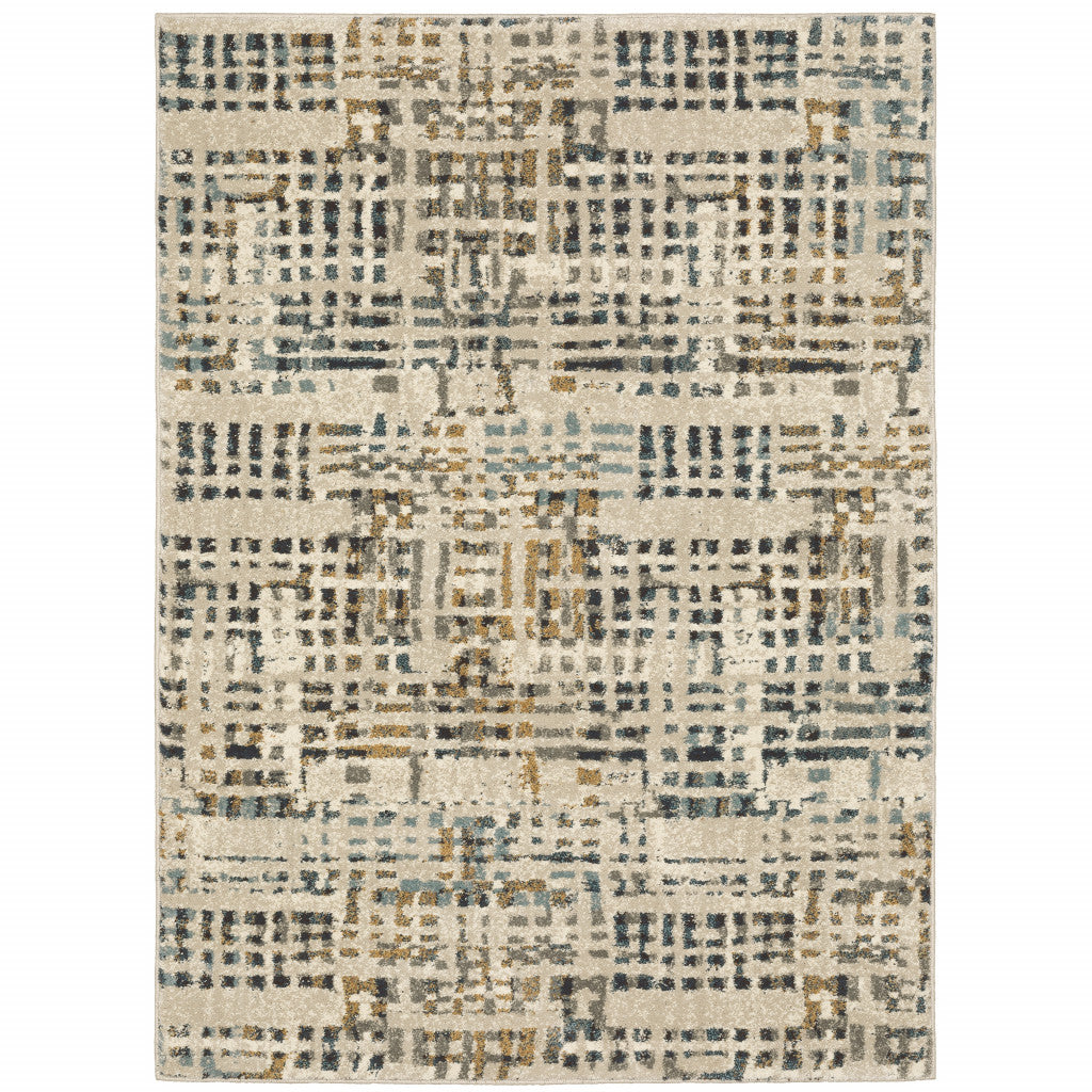 2' X 8' Beige Grey Blues Orange Yellow And Ivory Abstract Power Loom Stain Resistant Runner Rug