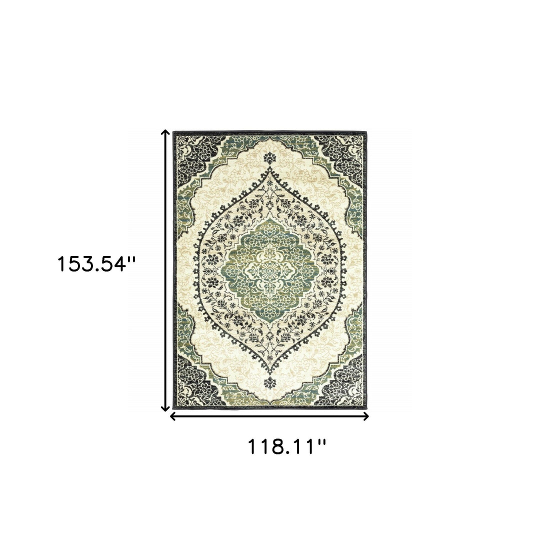 10' X 13' Ivory Navy And Green Oriental Power Loom Stain Resistant Area Rug