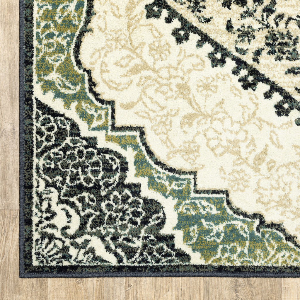 10' X 13' Ivory Navy And Green Oriental Power Loom Stain Resistant Area Rug