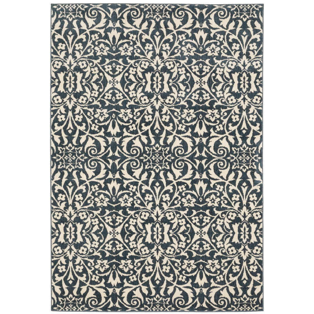 10' X 13' Blue And Ivory Floral Power Loom Stain Resistant Area Rug