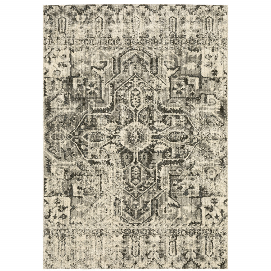 2' X 8' Grey Ivory And Brown Oriental Power Loom Stain Resistant Runner Rug