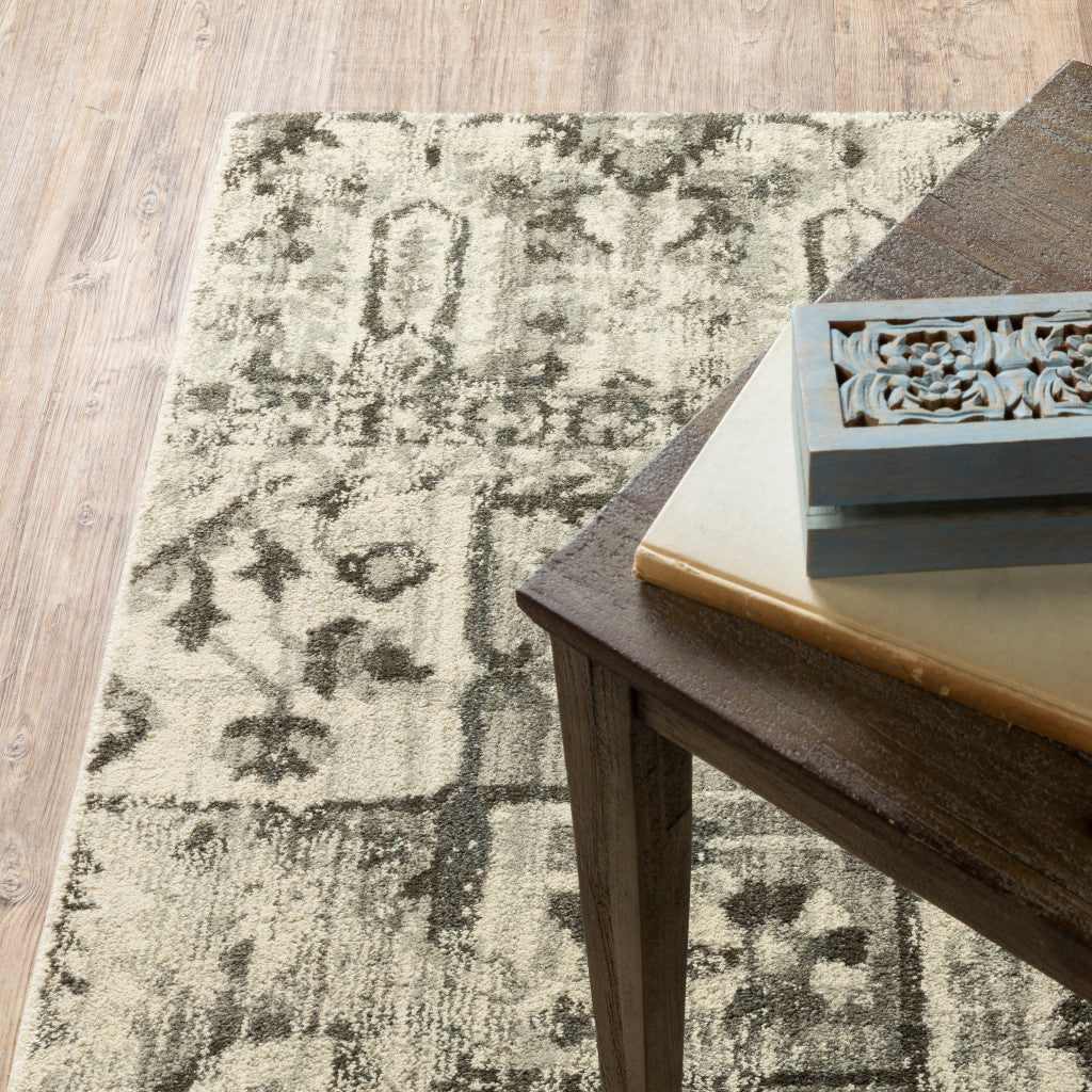 2' X 8' Grey Ivory And Brown Oriental Power Loom Stain Resistant Runner Rug