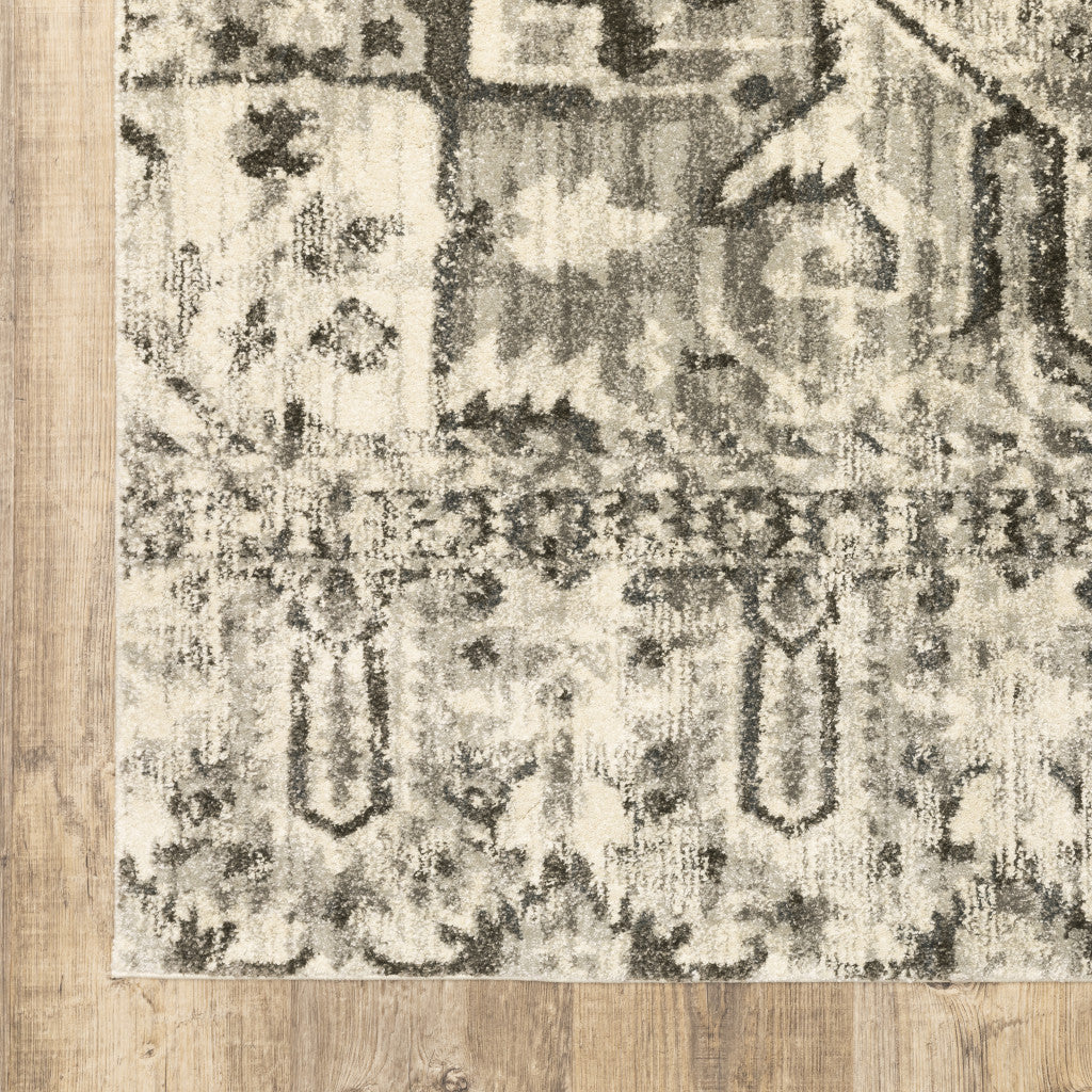 2' X 8' Grey Ivory And Brown Oriental Power Loom Stain Resistant Runner Rug