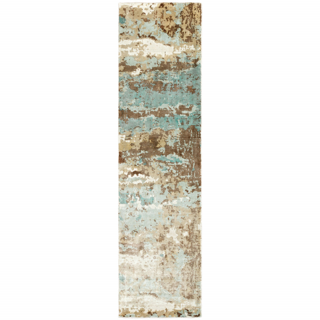 10' X 14' Blue And Brown Abstract Hand Loomed Stain Resistant Area Rug