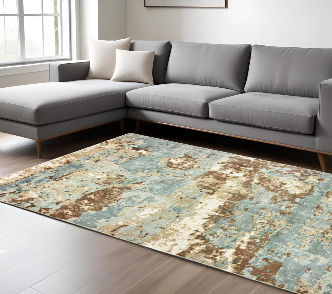 10' X 14' Blue And Brown Abstract Hand Loomed Stain Resistant Area Rug