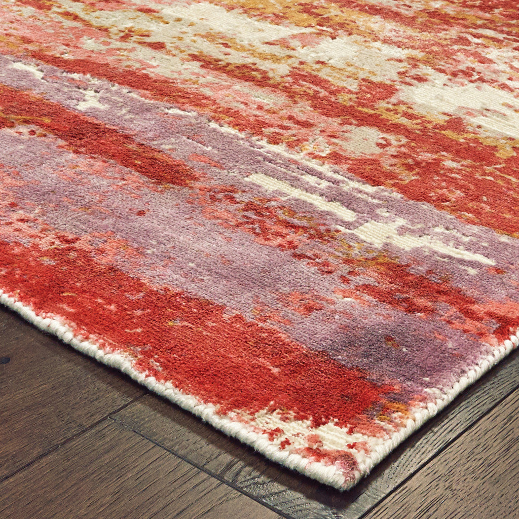 10' X 14' Pink And Red Abstract Hand Loomed Stain Resistant Area Rug