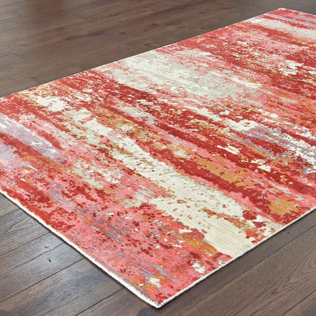 10' X 14' Pink And Red Abstract Hand Loomed Stain Resistant Area Rug