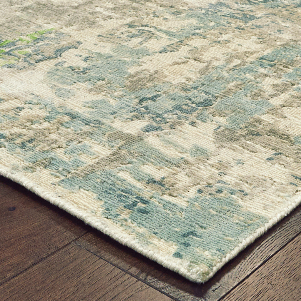 10' X 14' Blue And Green Abstract Hand Loomed Stain Resistant Area Rug