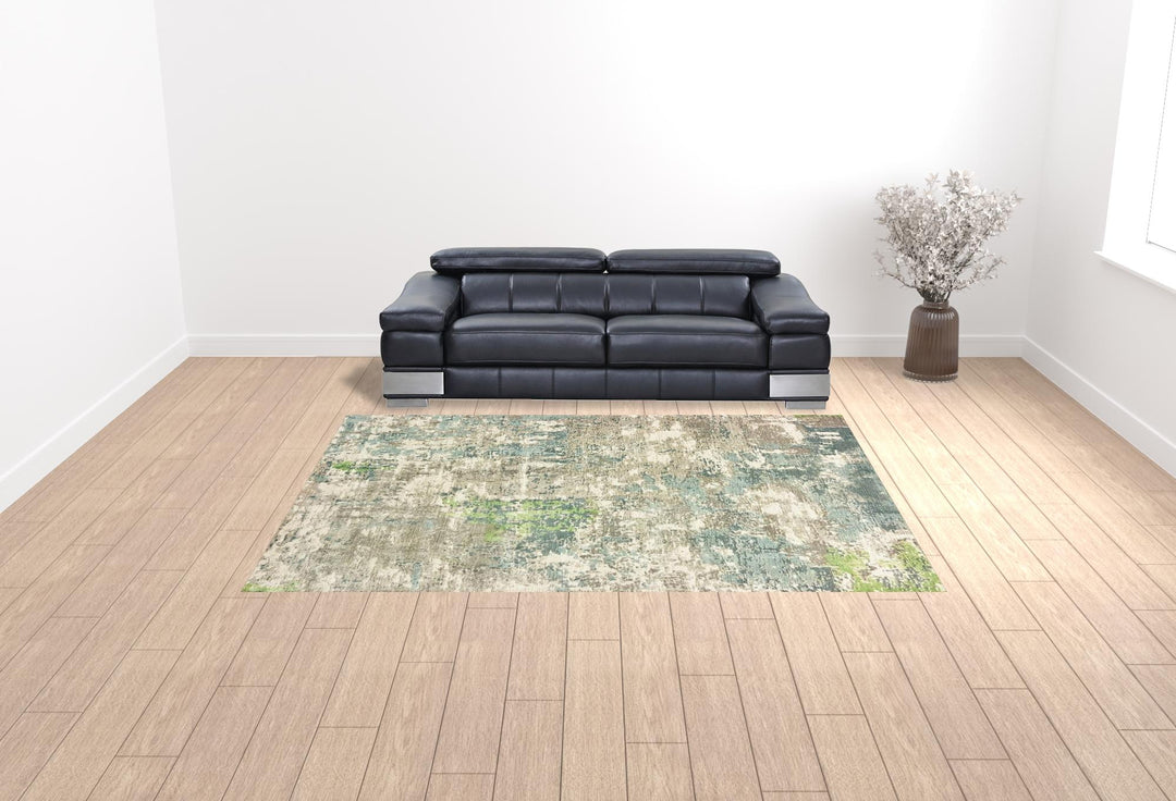 10' X 14' Blue And Green Abstract Hand Loomed Stain Resistant Area Rug