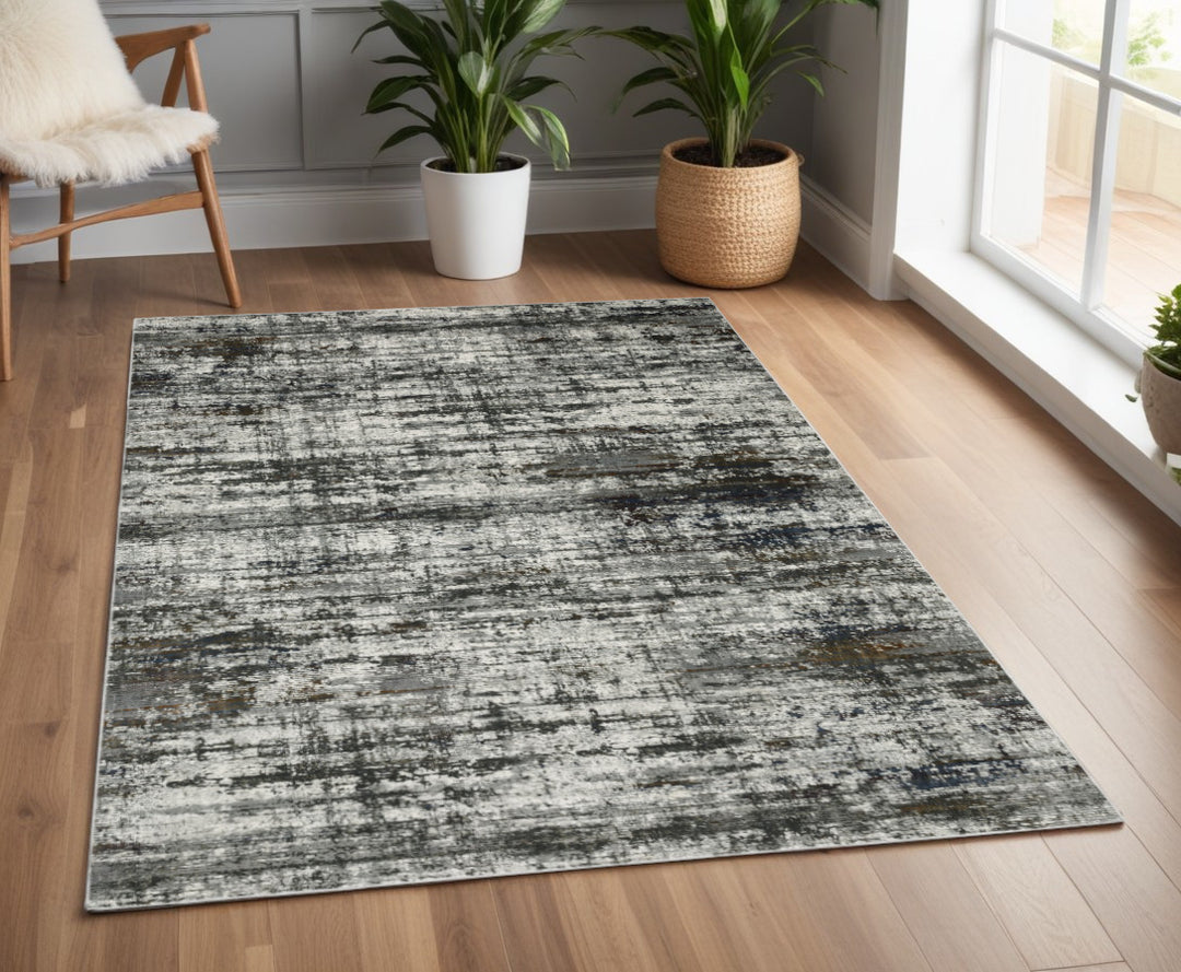 2' X 8' Ivory Charcoal Grey Blue Rust And Brown Abstract Power Loom Stain Resistant Runner Rug