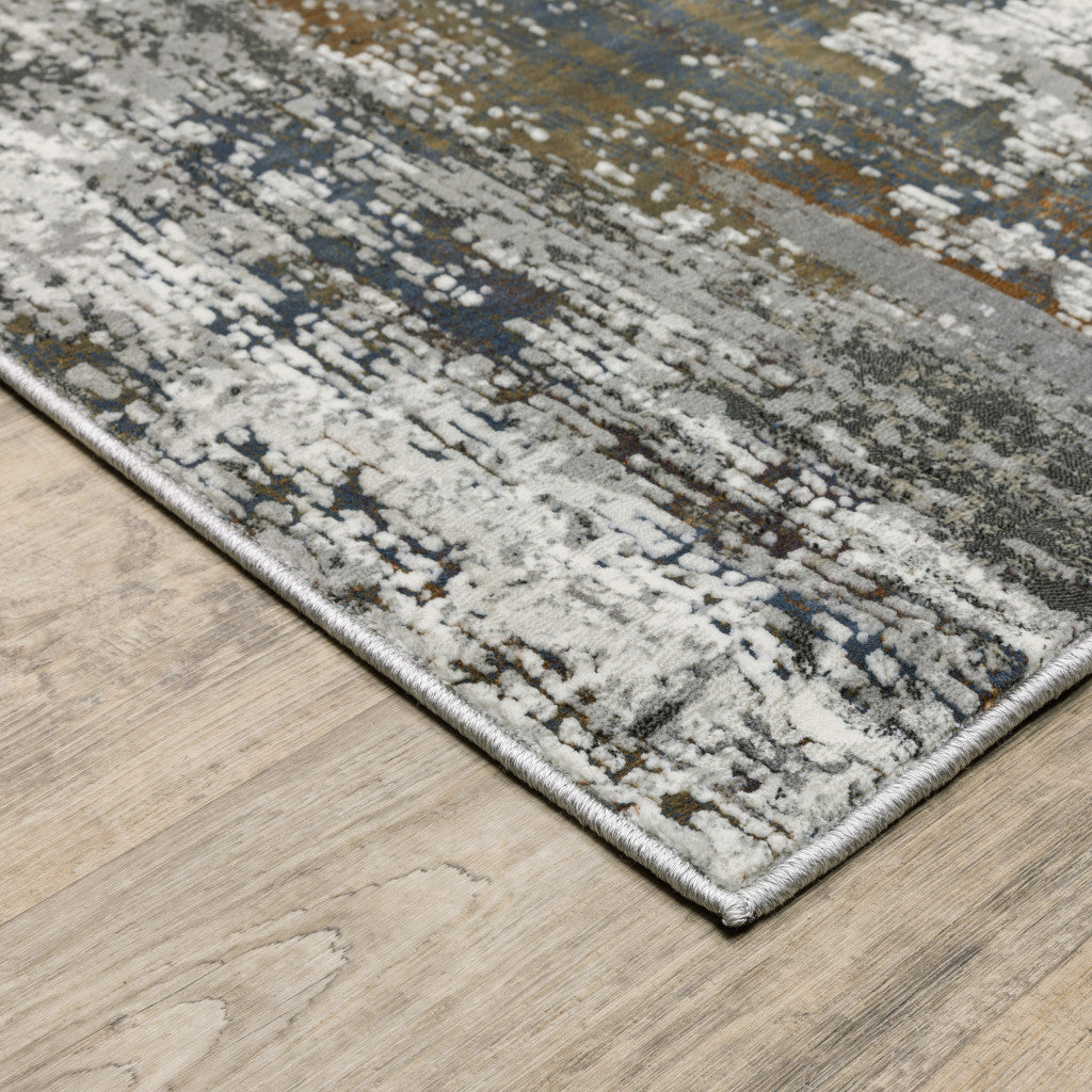 2' X 8' Ivory Charcoal Grey Blue Rust And Brown Abstract Power Loom Stain Resistant Runner Rug