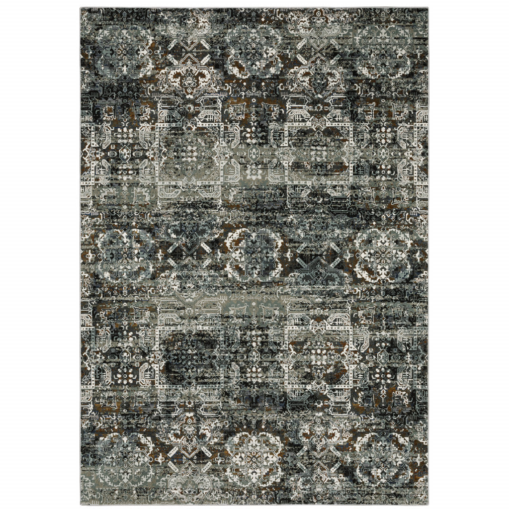 2' X 8' Ivory Charcoal Grey Blue Rust Gold And Brown Oriental Power Loom Stain Resistant Runner Rug