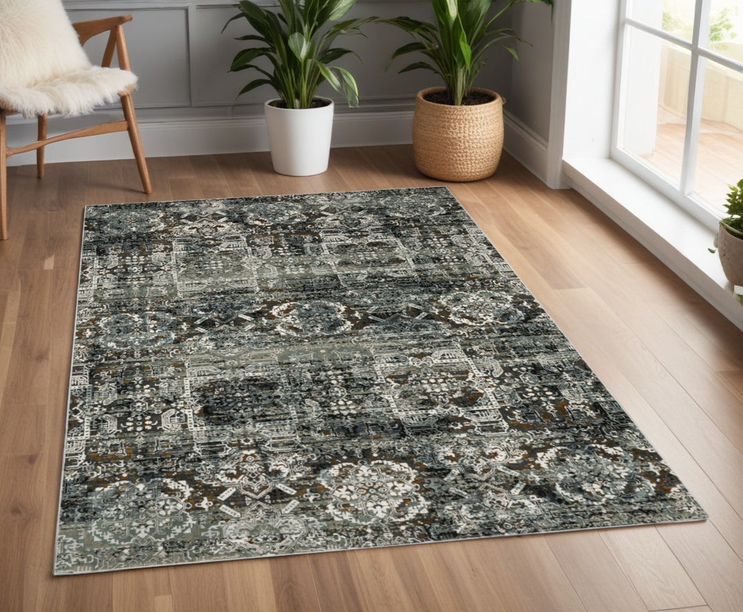 2' X 8' Ivory Charcoal Grey Blue Rust Gold And Brown Oriental Power Loom Stain Resistant Runner Rug