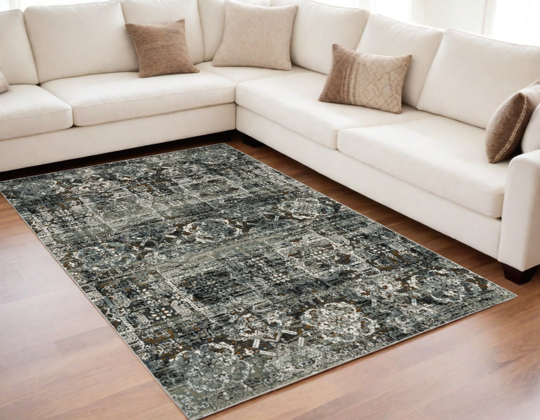 2' X 8' Ivory Charcoal Grey Blue Rust Gold And Brown Oriental Power Loom Stain Resistant Runner Rug