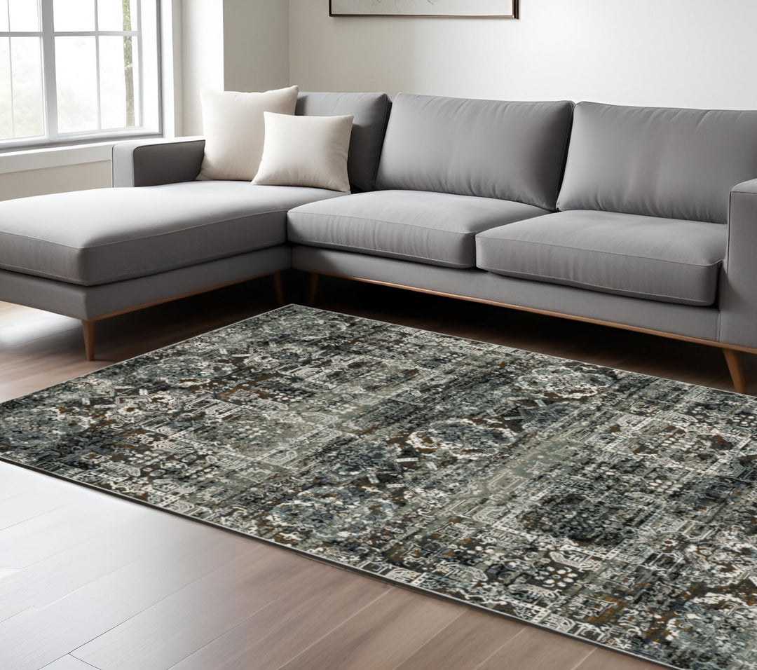 2' X 8' Ivory Charcoal Grey Blue Rust Gold And Brown Oriental Power Loom Stain Resistant Runner Rug