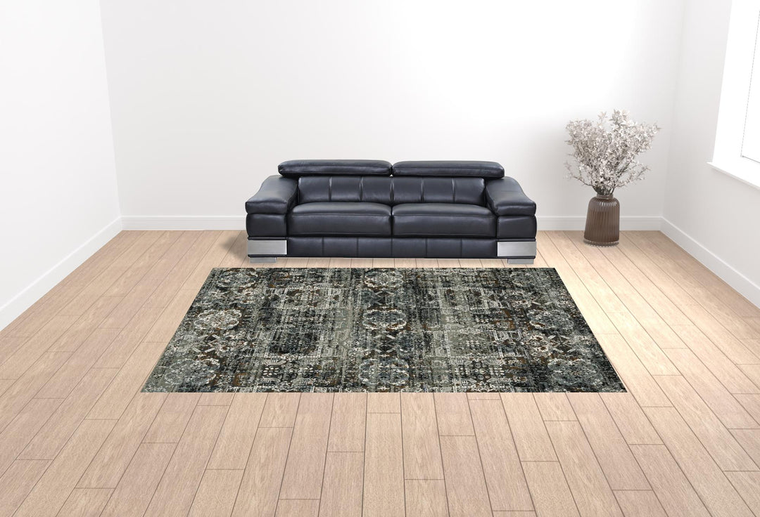 2' X 8' Ivory Charcoal Grey Blue Rust Gold And Brown Oriental Power Loom Stain Resistant Runner Rug