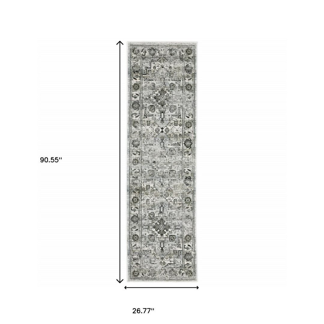 2' X 8' Ivory Grey Charcoal Blue And Taupe Oriental Power Loom Stain Resistant Runner Rug