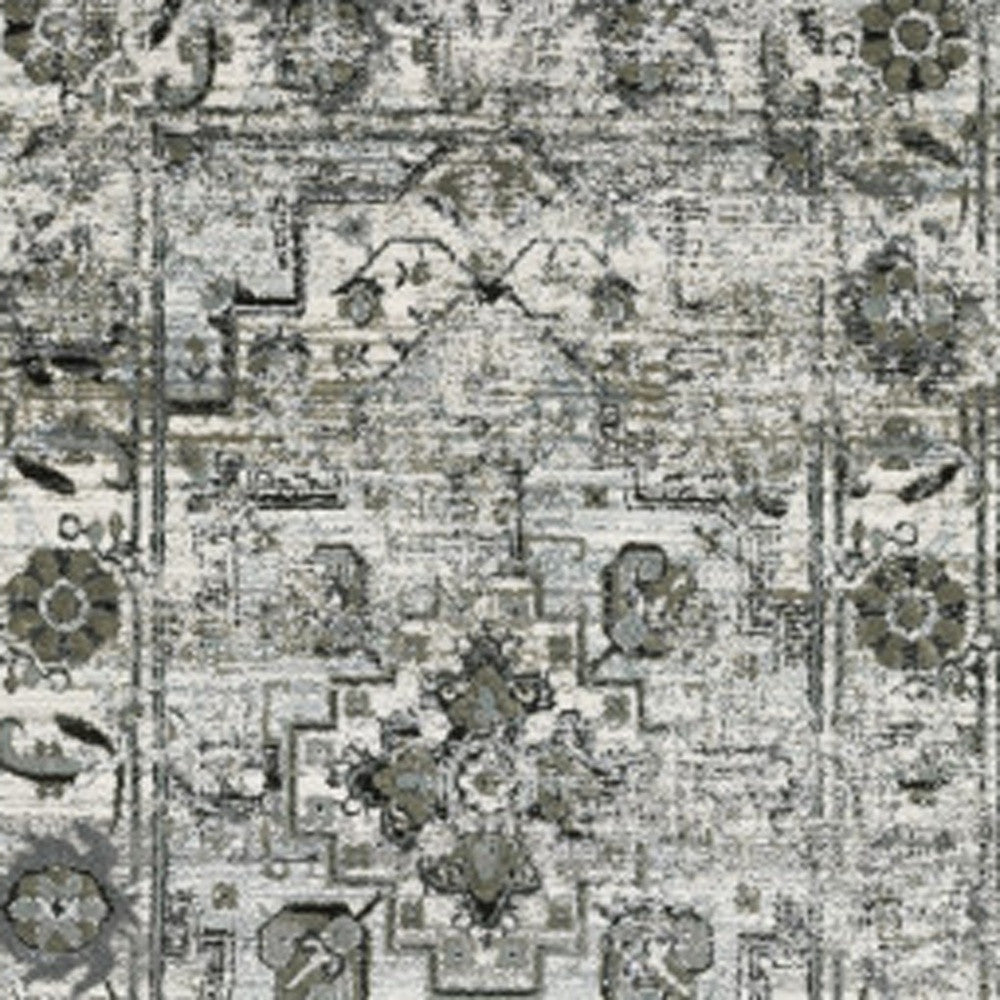 2' X 8' Ivory Grey Charcoal Blue And Taupe Oriental Power Loom Stain Resistant Runner Rug