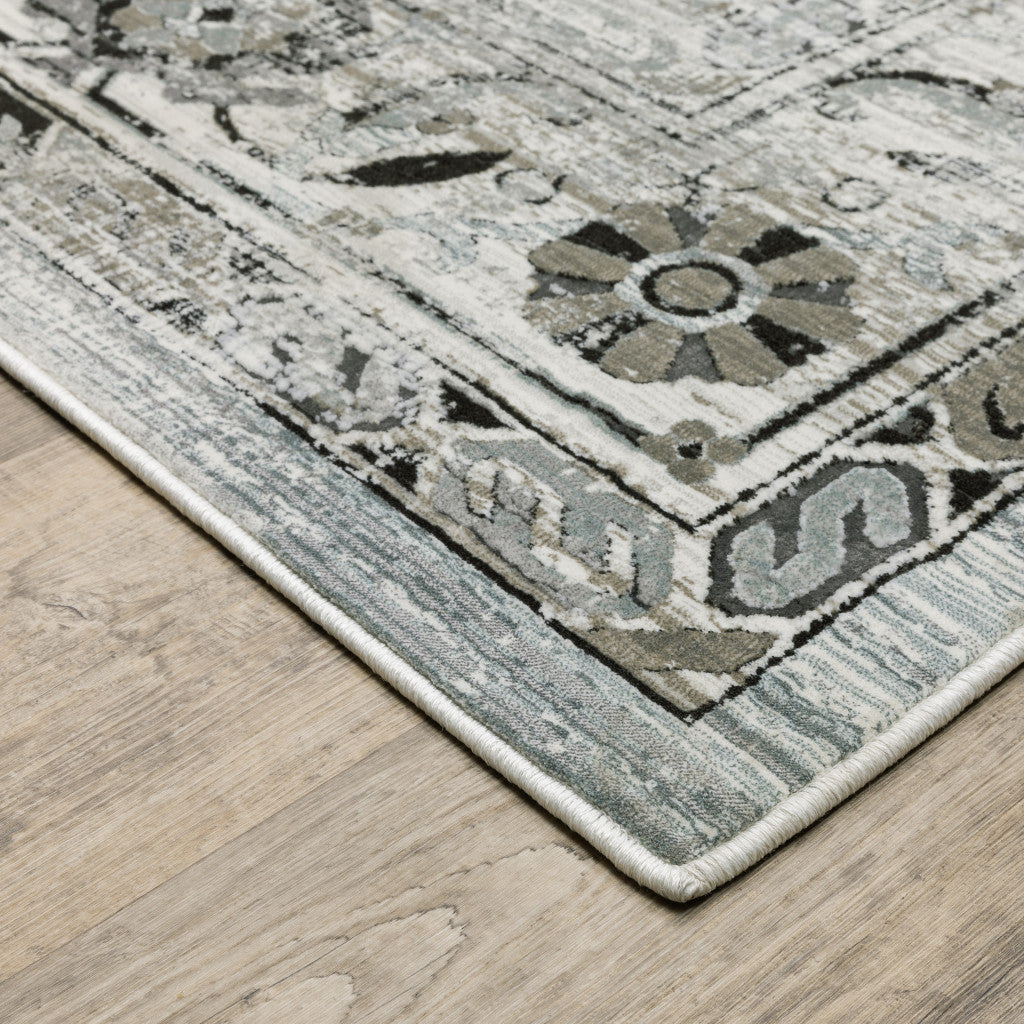 2' X 8' Ivory Grey Charcoal Blue And Taupe Oriental Power Loom Stain Resistant Runner Rug