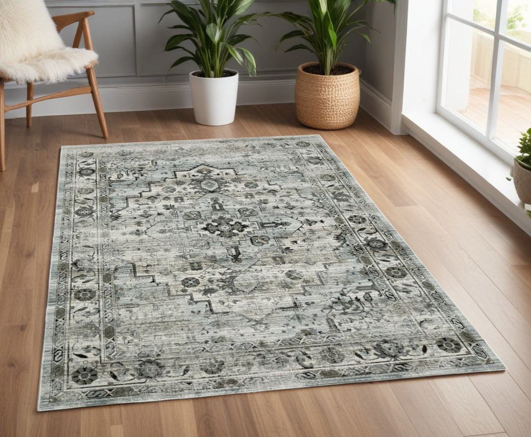 2' X 8' Ivory Grey Charcoal Blue And Taupe Oriental Power Loom Stain Resistant Runner Rug