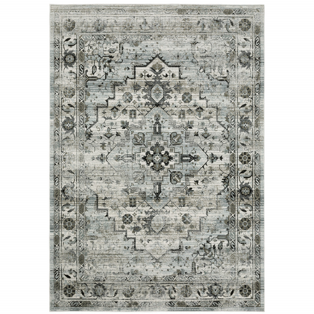 2' X 8' Ivory Grey Charcoal Blue And Taupe Oriental Power Loom Stain Resistant Runner Rug