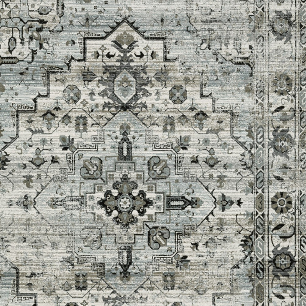 2' X 8' Ivory Grey Charcoal Blue And Taupe Oriental Power Loom Stain Resistant Runner Rug