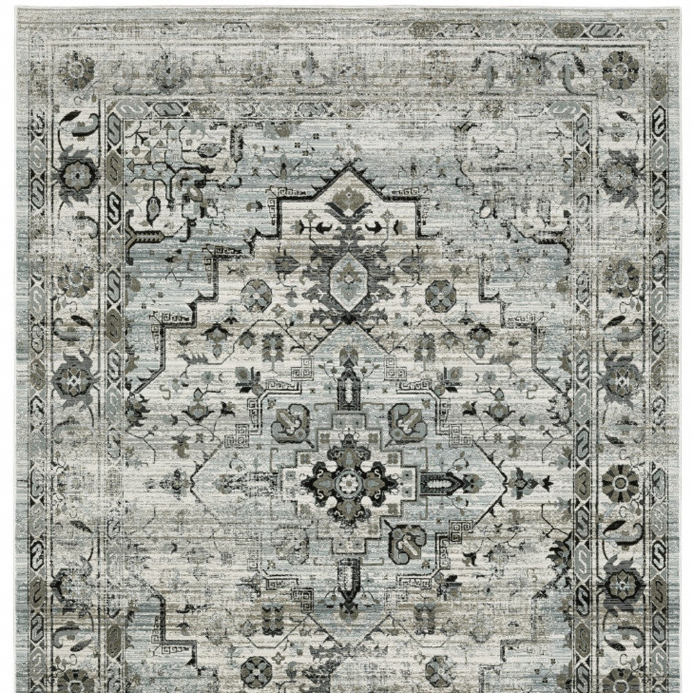 2' X 8' Ivory Grey Charcoal Blue And Taupe Oriental Power Loom Stain Resistant Runner Rug