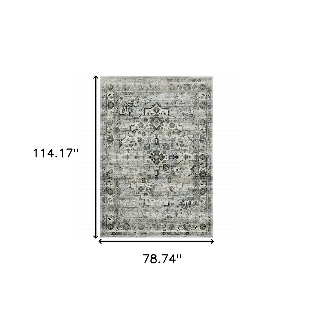 2' X 8' Ivory Grey Charcoal Blue And Taupe Oriental Power Loom Stain Resistant Runner Rug