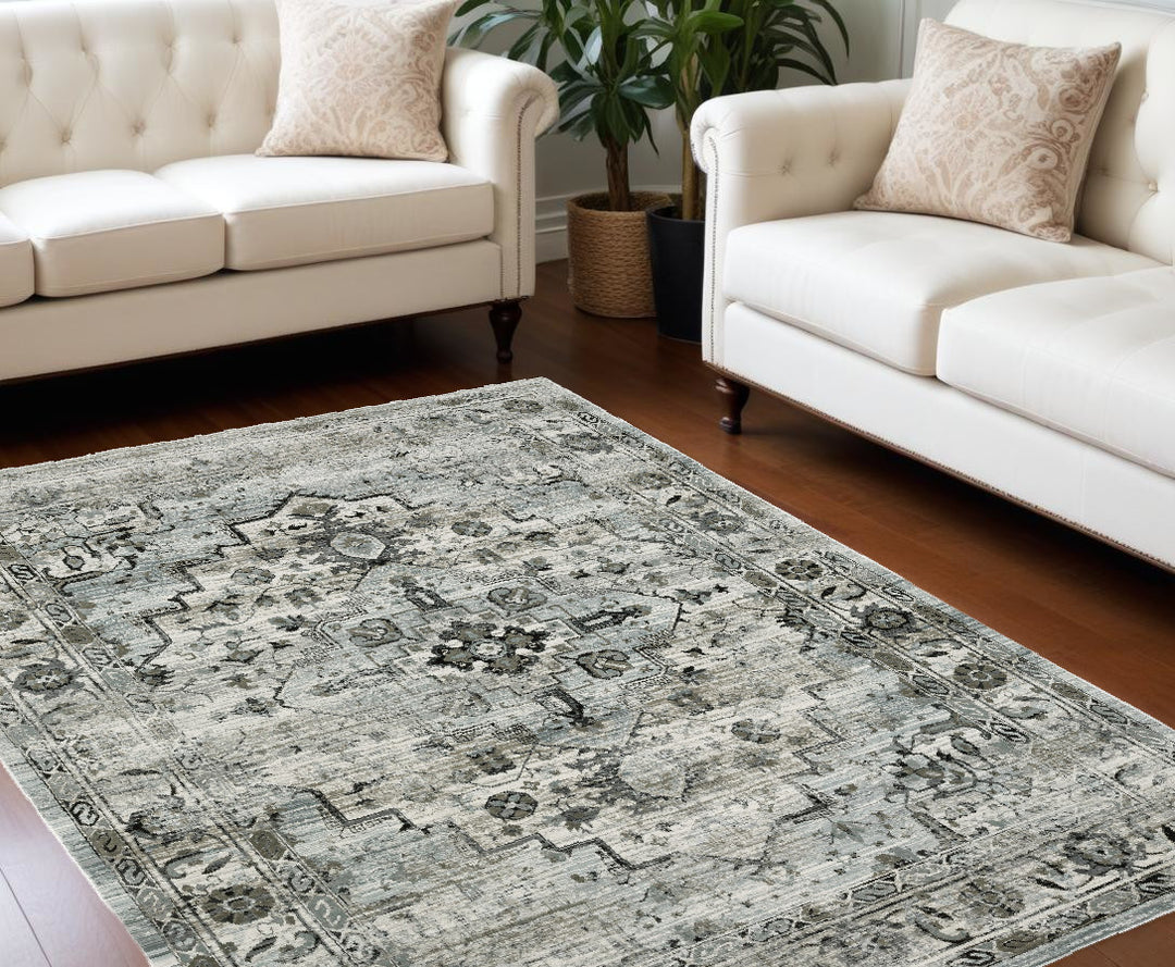 2' X 8' Ivory Grey Charcoal Blue And Taupe Oriental Power Loom Stain Resistant Runner Rug