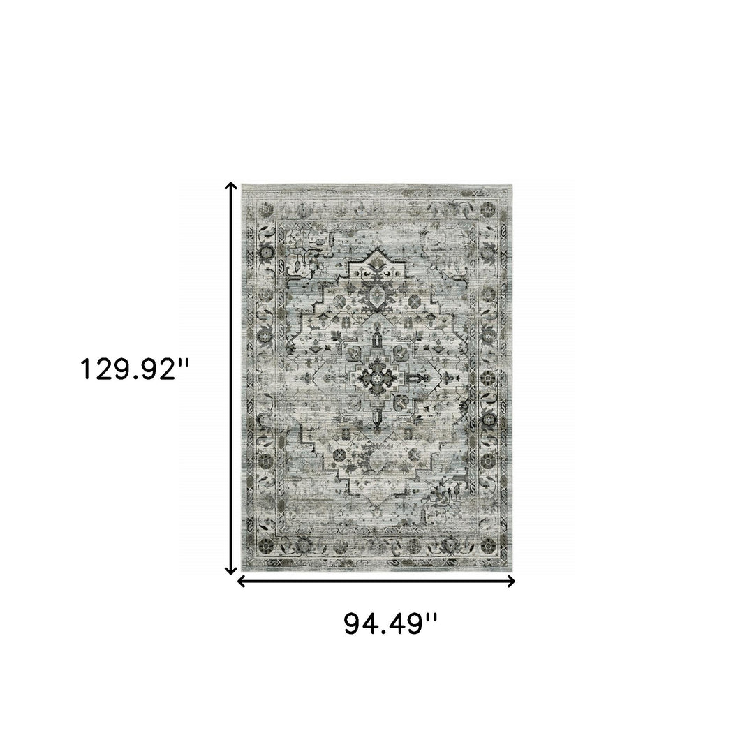 2' X 8' Ivory Grey Charcoal Blue And Taupe Oriental Power Loom Stain Resistant Runner Rug