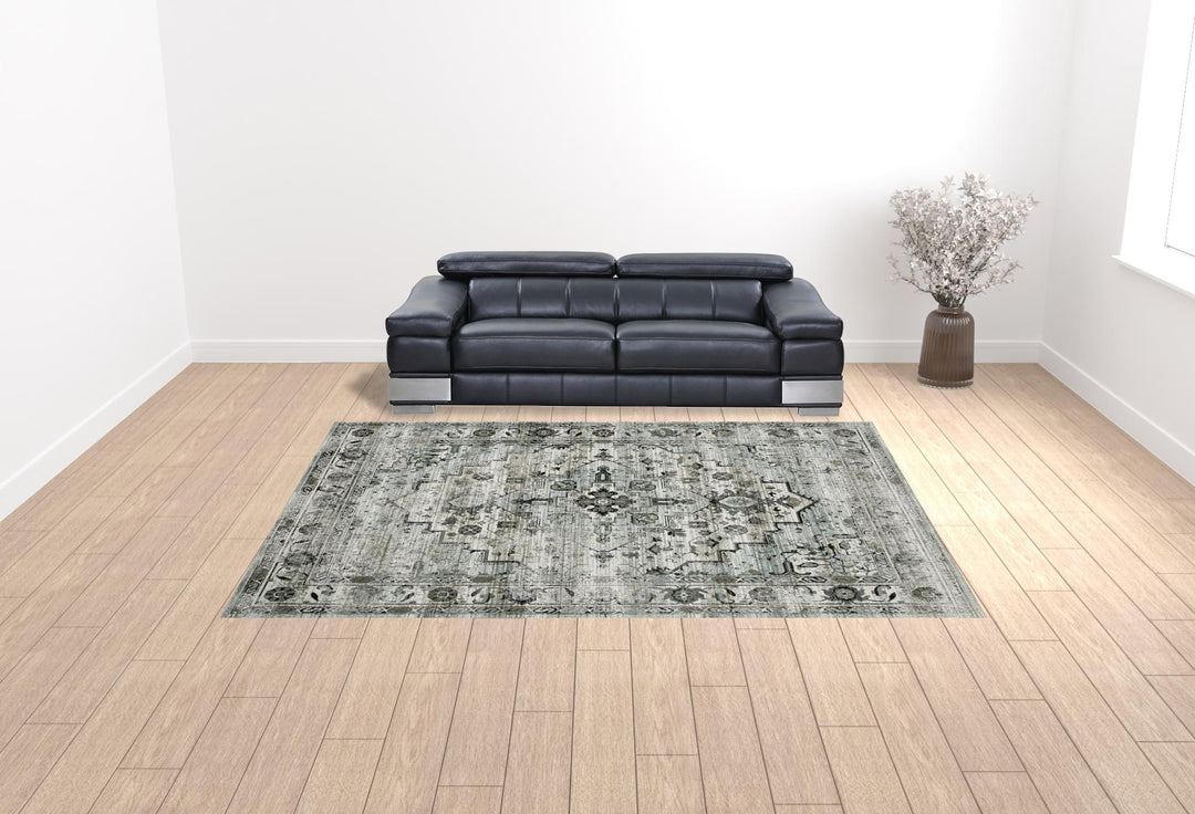 2' X 8' Ivory Grey Charcoal Blue And Taupe Oriental Power Loom Stain Resistant Runner Rug