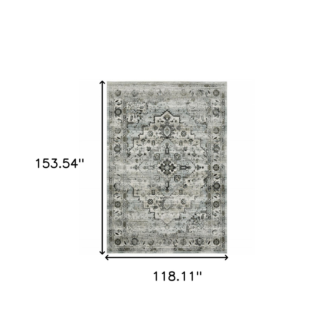 2' X 8' Ivory Grey Charcoal Blue And Taupe Oriental Power Loom Stain Resistant Runner Rug