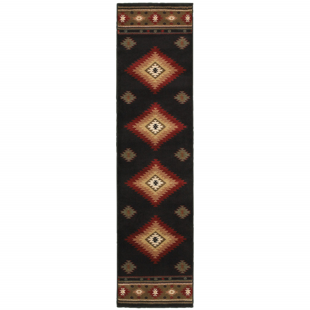 10' X 13' Black And Green Southwestern Power Loom Stain Resistant Area Rug