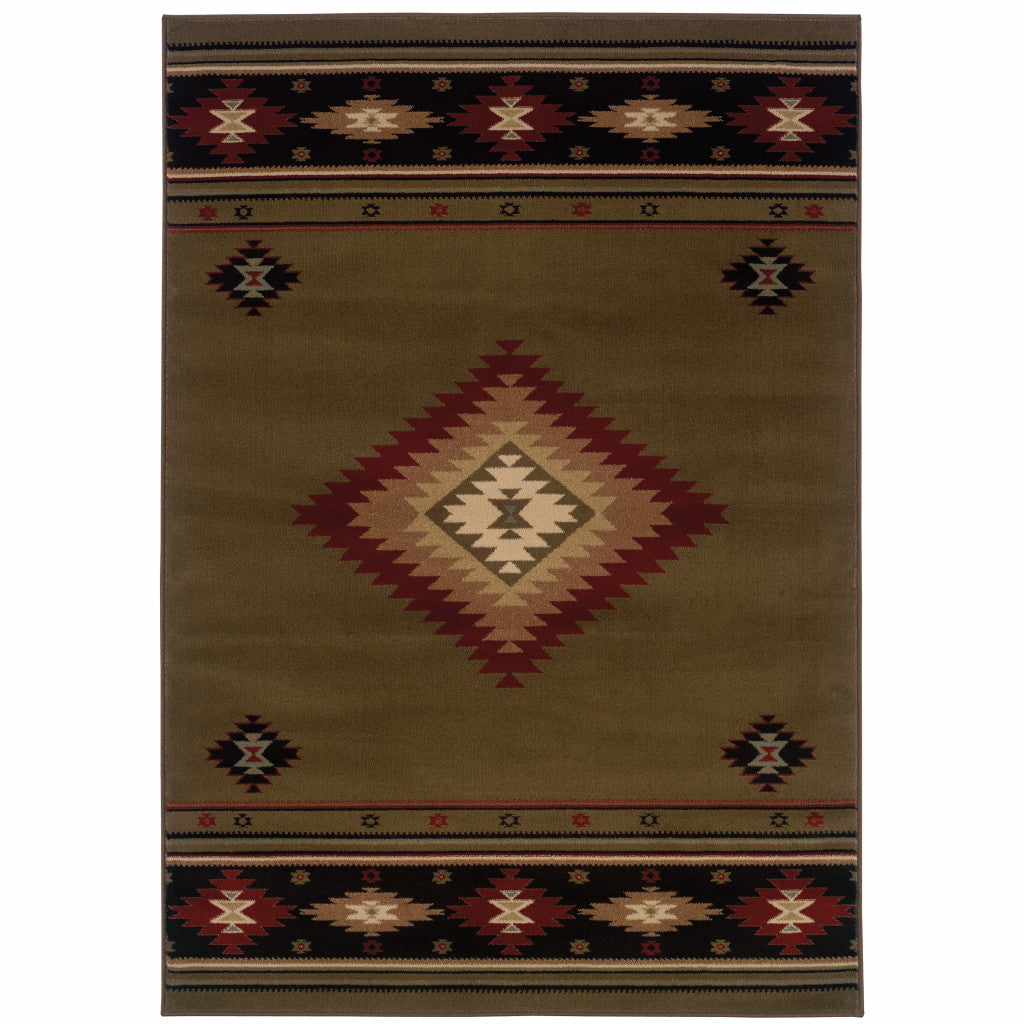 10' X 13' Black And Green Southwestern Power Loom Stain Resistant Area Rug