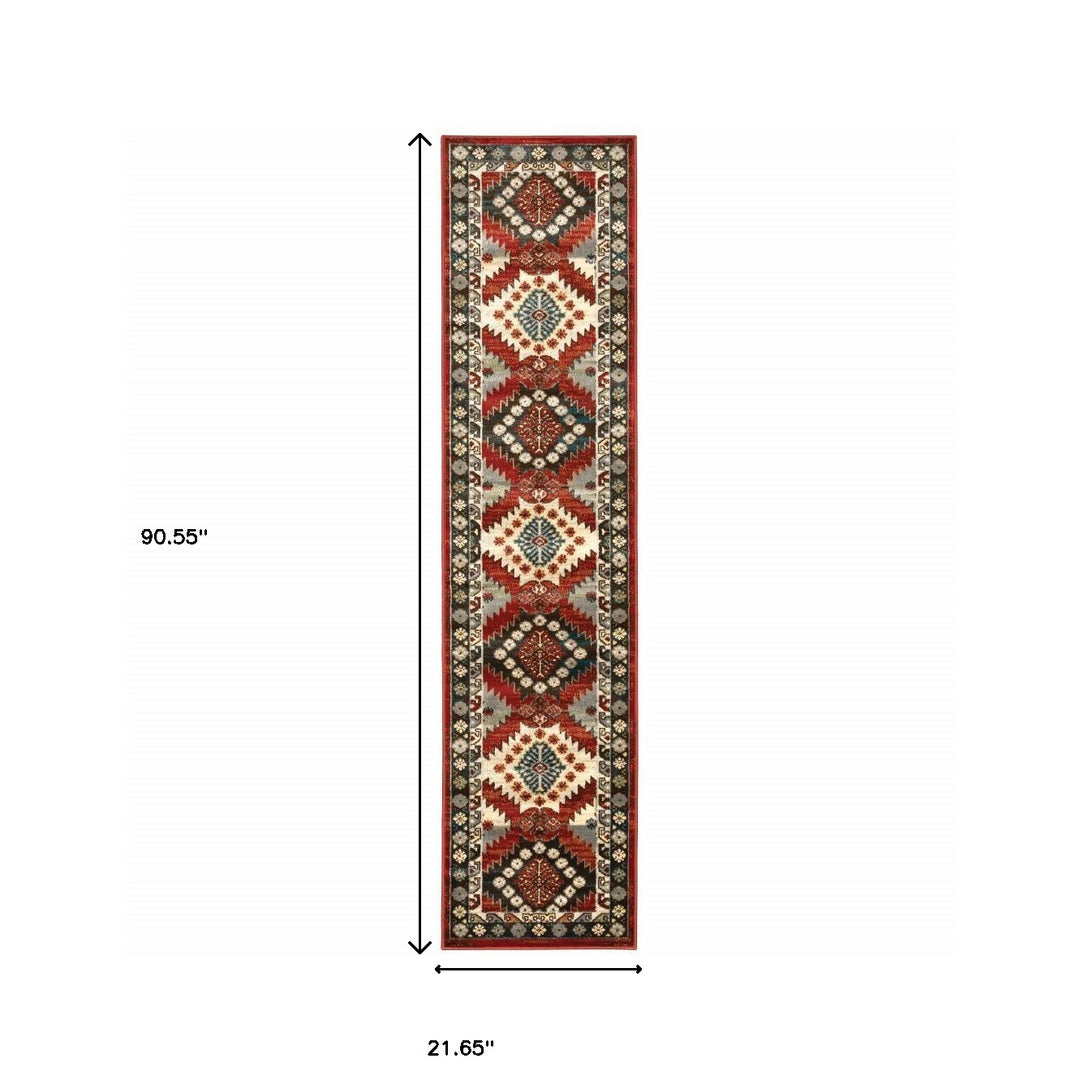 2' X 8' Red Deep Teal Ivory Grey And Green Southwestern Power Loom Stain Resistant Runner Rug